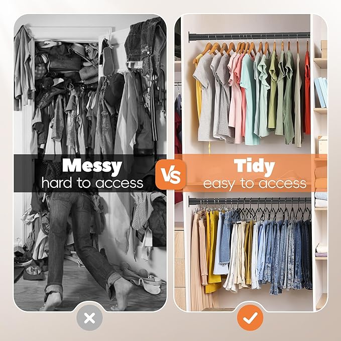 Metal Closet Rod 1.3" Heavy Duty Adjustable Hanging Rod 17-63 Inch | Black, Stainless Steel, 1.3 Inch Diameter, Wall Brackets Included, For Hanging Clothes, Walk-In Closets, Laundry Rooms