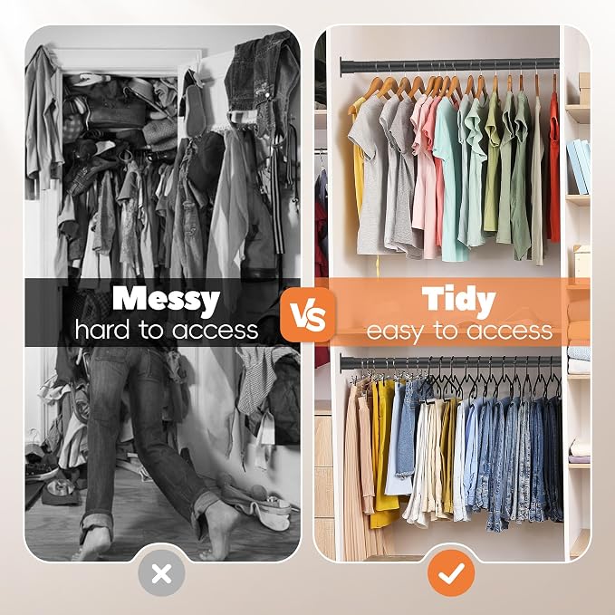 Metal Closet Rod 1.3" Heavy Duty Adjustable Hanging Rod 17-87 Inch | Black, Stainless Steel, 1.3 Inch Diameter, Wall Brackets Included, For Hanging Clothes, Walk-In Closets, Laundry Rooms