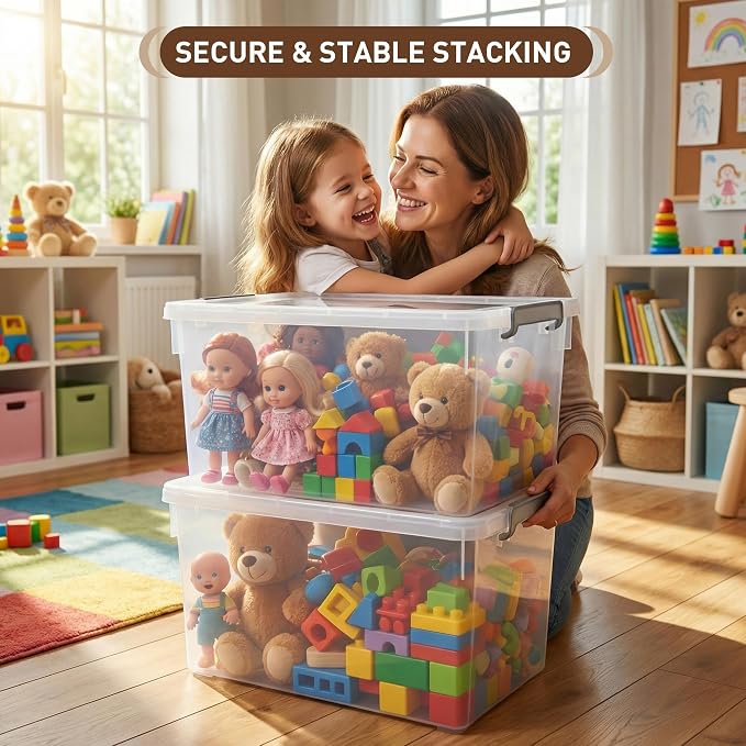 Citylife 48 Qt Ultra-Thick (3.82mm) Clear Plastic Storage Bins with Lids, 6-Pack Stackable Straight-Wall Closet Organizers with Honeycomb Base & Pinch-Free Latches for Garage, Clothes & Holiday Decor