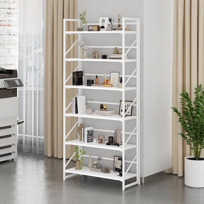 JSB 6 Tier No Assembly Folding Bookshelf, 30.7" Wide Foldable Storage Bookcase for Home Office, Space-Saving Storage Shelf for Living Room (All White)