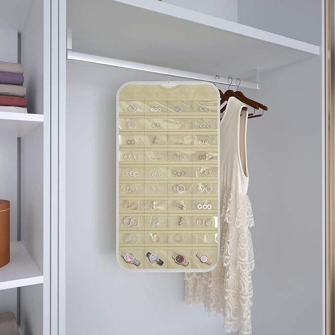 Hanging Jewelry Organizer for Necklaces Earrings, 1-Pack White and Beige | Foldable Double-Sided 36 hooks & 40 clear pockets; swivel hook fits walls, doors & rods for earrings, bracelets, rings