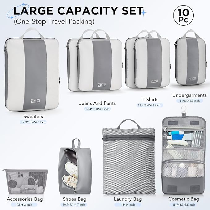 OlarHike 10 Set Compression Packing Cubes for Travel Essentials,Compressible Expandable Space Saver Bags for Organizing Clothes,Luggage Suitcase Garment Bags with Over 1000 pcs Mesh Holes(Gray)