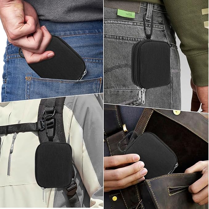 E-Tree Coin Purse with Carabiner Clip, Dual Layer Card Case Holder, Mini Pouch for AirPod Earphone Keychain USB Cable,Wallet, Small Accessories Organizer Bag for Women and Men (Black-Side Zippers)