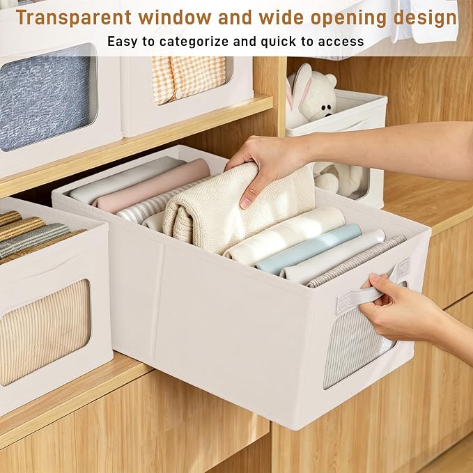 Linen Closet Organizers and Storage 4 Packs-Fabric Storage Bins with Clear Windows,Closet Baskets for Organizing Clothes, Pants, Towels