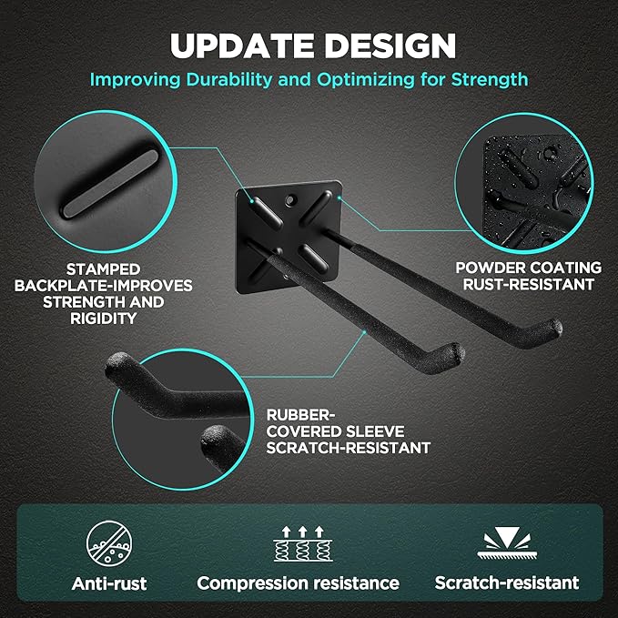 Nacial Garage Hooks, Heavy Duty Garage Hooks, 12.4 Inch Wall Mount Hangers, Max Load 200 lbs Garage Storage Utility Hook for Car Tires, Ladders, Chairs, Strollers, Power Tools, Garden Tools - 4 Pack