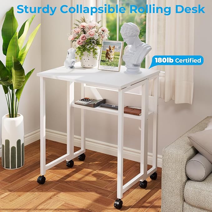 GreenForest Folding Desk with Wheels, 24.8" Rolling Table for Small Spaces | Storage Shelf, Lockable Casters, Compact Portable Workstation, Space-Saving Foldable Sofa Table, Home Office, Mobile, White