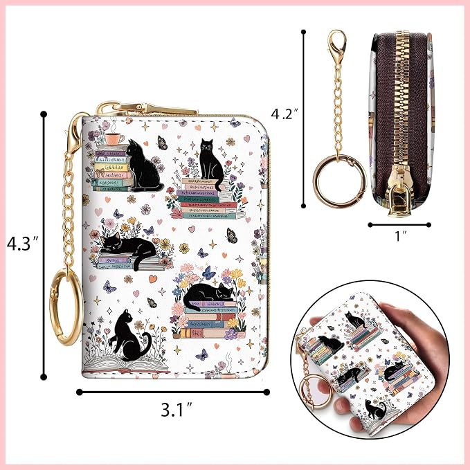 Blusabaca RFID Credit Card Holder Small Women Travel Wallet, Cute Black Cat | Removable Keychain, Case with Zipper, Vegan PU Leather, Cash Coin Pocket, Business Accordion Purse, Ladies Female Gift