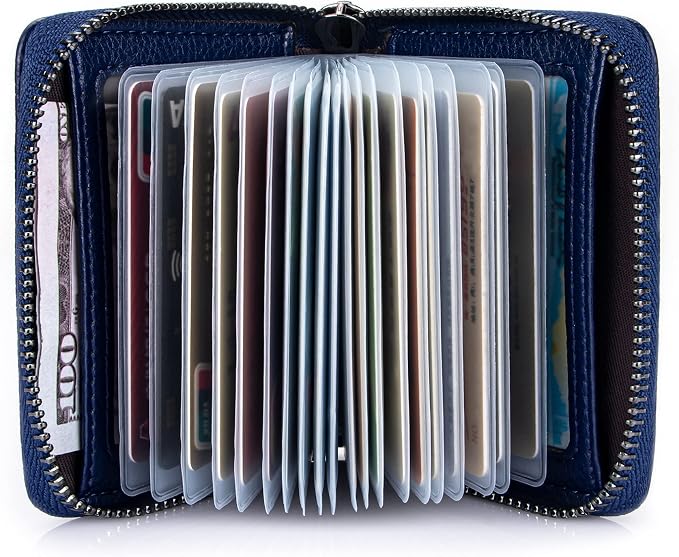 Suweibuke Genuine Leather Credit Card Holder Zipper Wallet RFID Blocking Secure Card Case ID Case Organizer (Dark Blue)
