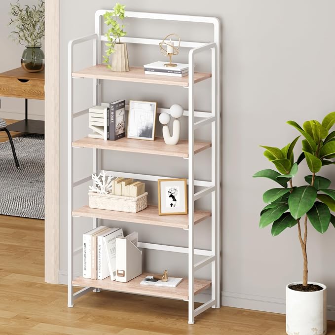 No Assembly Folding Bookshelf, 4 Tiers Collapsible Book Shelf for Home Office, Vintage Wood Foldable Bookcase Storage Organizer for Living Room Bedroom (Beige)