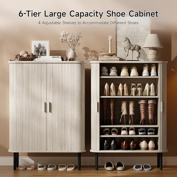 ONBRILL 6-Tier Shoe Cabinet with Sliding Door, Wooden Shoe Storage Cabinet with Adjustable Shelves, Mid-Century Modern Freestanding Shoe Storage Organizer for Entryway, Living Room, Hallway