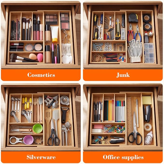 Briwooody Bamboo Sliding Desk Drawer Organizer 9'' up to 18'' x 15'' x 2'' Expandable Office Desk Accessories Supplies Tray with 7 Compartments for Pens, Notebooks, Rulers, and Makeup Jewelry Vanity
