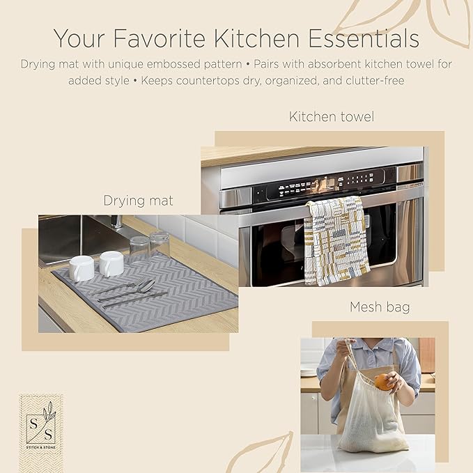 Stitch & Stone Welcome Home Kitchen Set - Multi Use with Quilted Pot Holder, Mitt, & Bowl Trivet, Cotton Kitchen Towel, Mat for Dish Drying, Hanging Towel, & Bowl Cover - Grey and Mustard Line