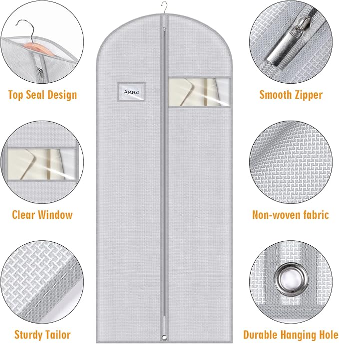 Syeeiex 60'' Dress Bags for Gowns, Set of 4 Garment Bag for Hanging Clothes, Dress Garment Bag, Dustproof and Keep Closet Tidy, Perfect for Suit Evening Dresses Fur Coat Long Dress Gown(Grey Pattern)