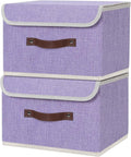 ANMINY 2PCS Storage Bin with Lid Storage Boxes with PU Leather Handles PP Plastic Board Decorative Foldable Lidded Cotton Linen Fabric Home Cubes Baskets Closet Organizer Container - Purple, Medium