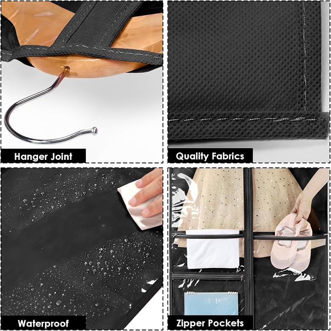 Univivi 40 Inch Kids Dance Costume Garment Bag, Dance Competition Garment Bags for Teens With 3 Medium Clear Zipper Pockets for Storage And Travel (Black) - 8 Pack