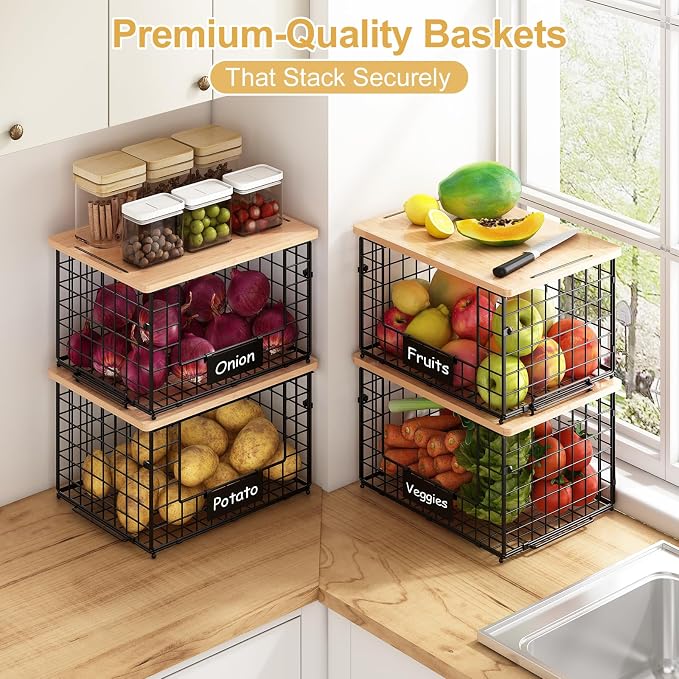2-Pack Stackable Wire Baskets with 2 Pads & Bamboo Top, Pantry Organizer | Potato and Onion Storage Bin with Labels, Organize Produce/Fruit/Vegetable on Kitchen Counter, Cabinet or Under Sink, XL