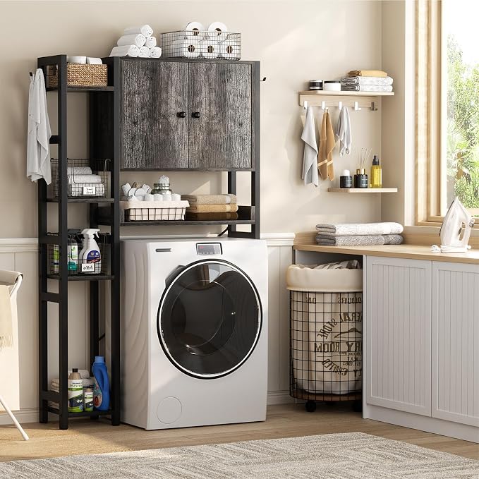 Over The Toilet Storage Cabinet with Doors - 7 Tier Bathroom Organizer with Adjustable Shelf, Freestanding Space Saver Rack Above Toilet Stand with 4 Hooks for Bathroom, Restroom, Laundry, Grey Oak