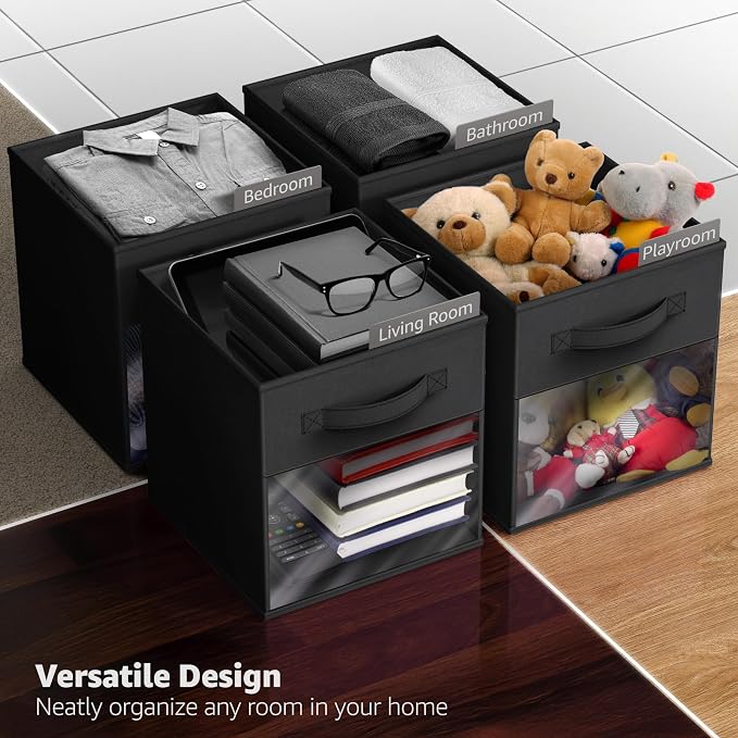 Sorbus 11 Inch Storage Bins with Clear Window - 6 Foldable Baskets for Organizing Clothes, Toys, Books - Sturdy Collapsible Fabric Storage Cubes with Handle - Storage Baskets for Shelves, Closets