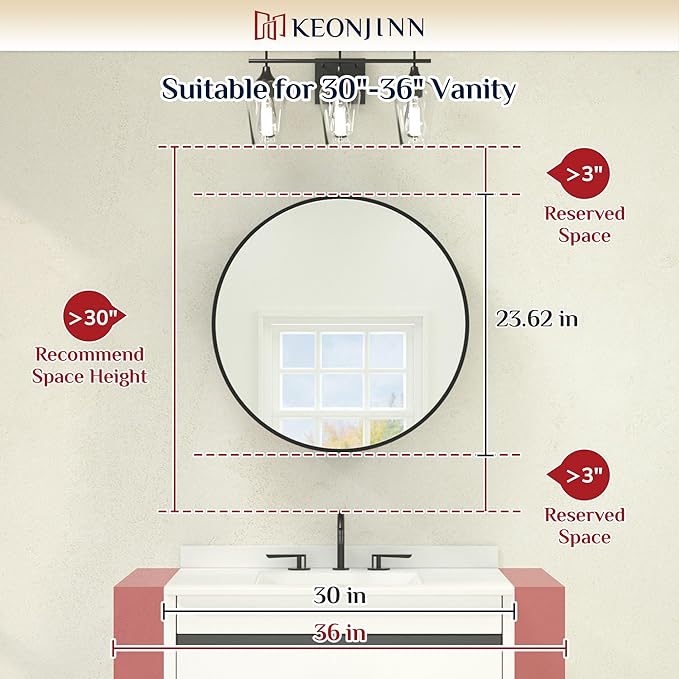 Keonjinn 24" x 24" Round Medicine Cabinet Mirror, Brushed Nickel Mirror Medicine Cabinet Wall Mounted, Circular Medicine Cabinets with Mirrors, Circle Framed Vanity Mirror with Storage