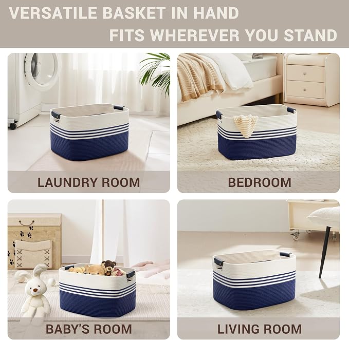 45L Small Woven Laundry Basket Hamper with Leather Handles,Navy | 18"x14"x11", collapsible wicker hamper, storage for dirty clothes, toys, blankets, gifts, living room, bedroom, bathroom