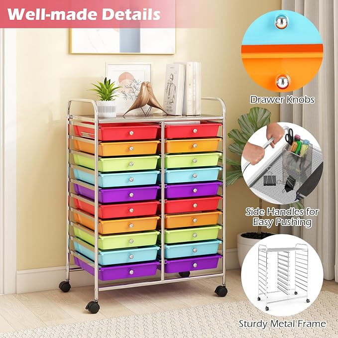 DREAMADE Rolling Cart with Storage Drawers, Utility Cart with Removable Plastic Drawers, Lockable Wheels, Art Cart for Classroom Organization Art Supplies Office Scrapbook (20 Drawers, Multi-color)