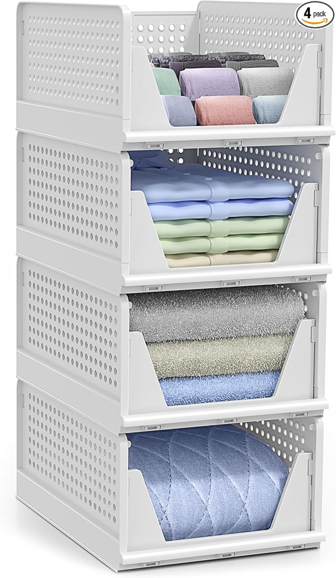Sorbus 4 Pack Medium Shelf Organizer with Open Front Design Under Shelf for Closet Bathroom Kitchen Garage Plastic Stackable Storage Baskets