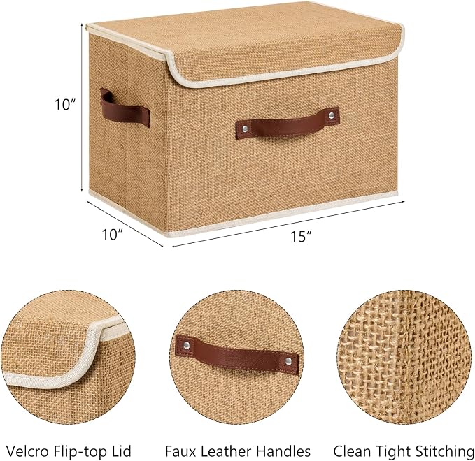Storage Bins Box with Lids Decorative Natural Jute Fabric Baskets | Foldable Washable Stackable Lidded Clothing Container, Shelf Closet Organizer, w/ PU Leather Handles & PP Boards, Large