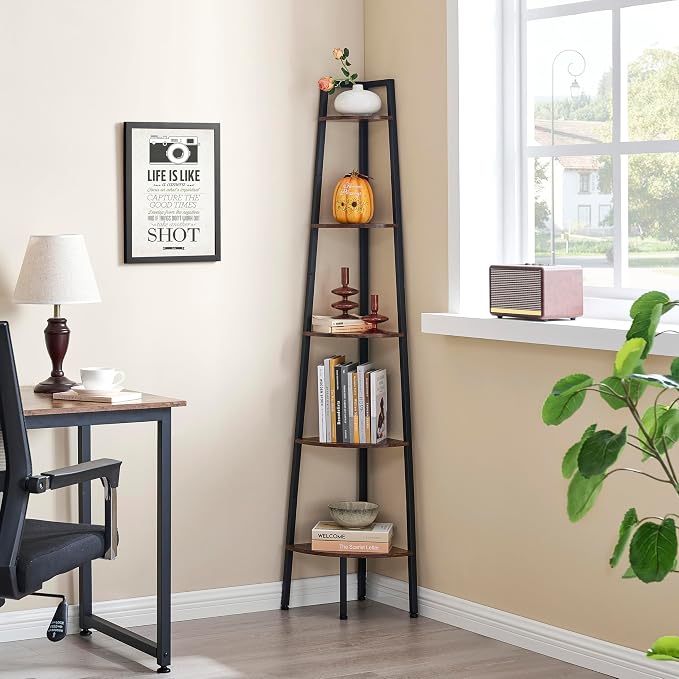 Hoctieon Corner Shelf, 5-Tier Corner Bookshelf, Rustic Ladder Shelf, Industrial Display Stand for Living Room, Kitchen, Home Office, Balcony, Small Space, Metal Frame, Rustic Brown
