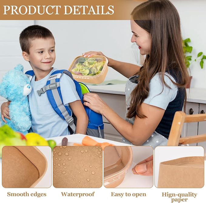 50 Pack Disposable Meal Prep Containers, 19oz Disposable Large Paper Bowls with Lids and Forks for Salad, Noodles, Freezer and Microwavable Storage Use Cardboard Food Containers