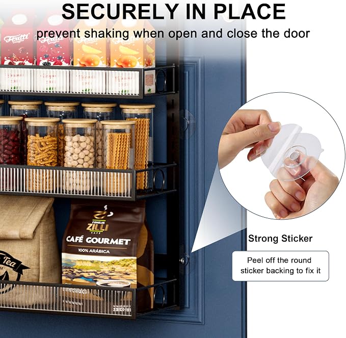 Over the Door Pantry Organizer 9 Tier Hanging Door or Wall Mounted Spice Rack with Adjustable Acrylic Basket,Heavy Duty Metal Seasoning Storage Shelf for Kitchen Pantry and Bathroom Black
