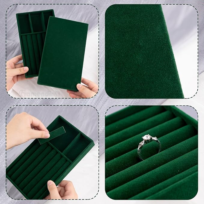 Framendino, 4 Pack Green Velvet Jewelry Trays Stackable Organizer Drawer Inserts Container Display Case for Bracelets Necklaces