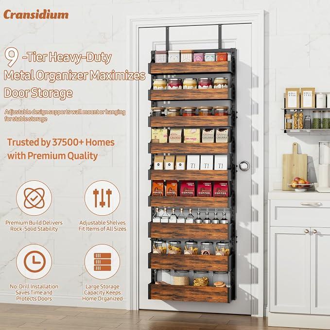 Over the Door Pantry Organizer: Pantry Organization and Storage with Hanging Basket - 9-Tier Metal Spice Rack Adjustable Shelves for Kitchen Bedroom Bathroom & Laundry Room Black