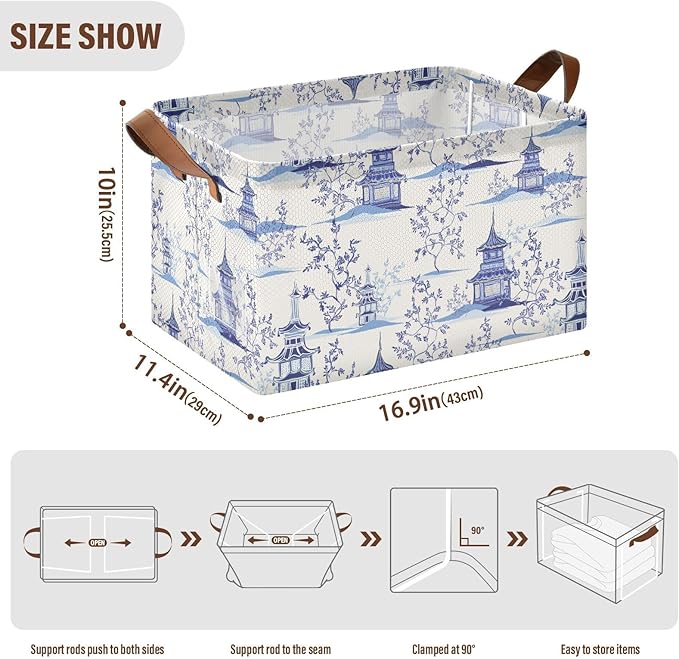 Chinoiserie Padogas Willow Tree Blue Storage Basket Foldable Cube Storage Bins with Handles&Label Waterproof Collapsible Organizer Box Bin Large Rectangle Decorative Baskets for Shelves Home Room,2 PC