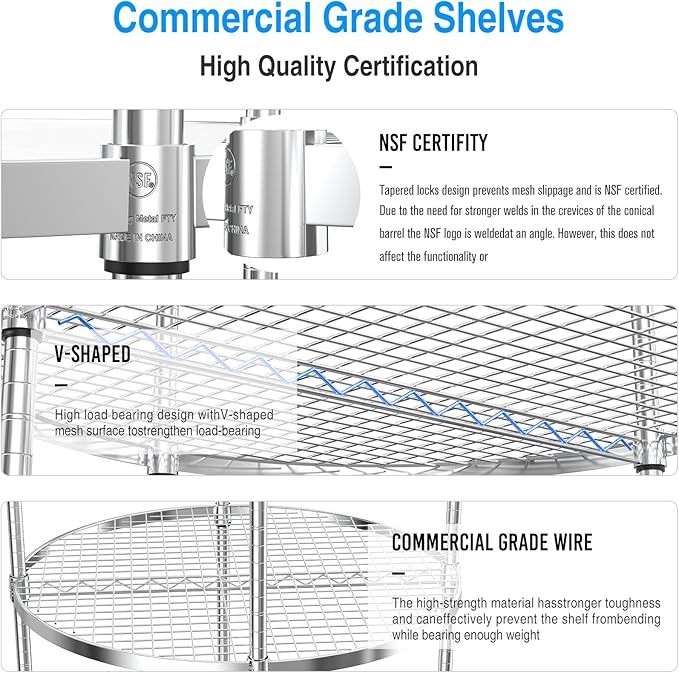 6 Tier NSF Metal Shelf Round Corner Wire Shelving Unit, 2400lbs Capacity Heavy Duty Adjustable Storage Rack with Shelf Liners for Kitchen Garage Office Etc Room Corner, 85.5"H x 30"L x 30"D - Chrome