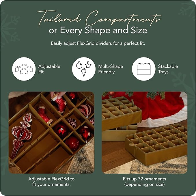 Covermates Keepsakes Adjustable Ornament Storage Bag – Heavy-Duty Polyester, Padded Dividers & FlexGrid Trays – Protective Holiday Ornament Organizer with Handles & Label Window, Green Snowflake