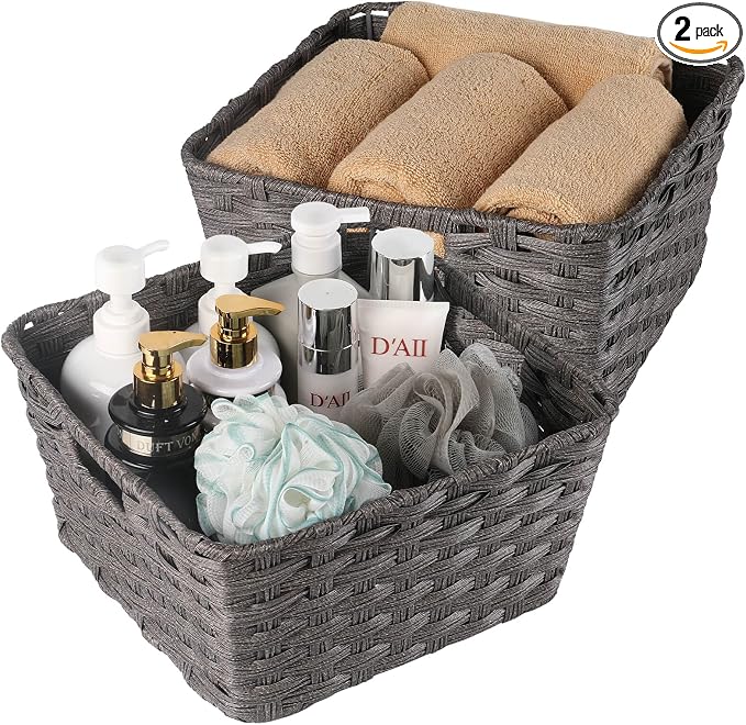 2-Pack Plastic Wicker Storage Baskets for Bathroom, 12"x12"x6", Dark Grey | Versatile woven storage bins for shelves, toilet paper, closet, and home organizing – stackable, durable.