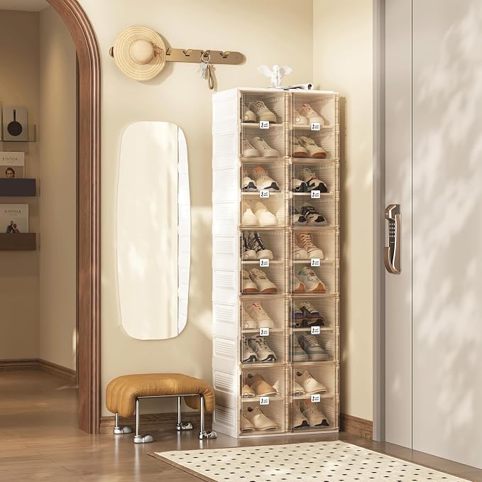 ANTBOX Shoe Organizer Storage Box, Portable Folding Shoe Rack For Closet With Magnetic Clear Door,Large Sneaker Cabinet Bins Sturdy Easy Assembly 10 Layers-20 Grids