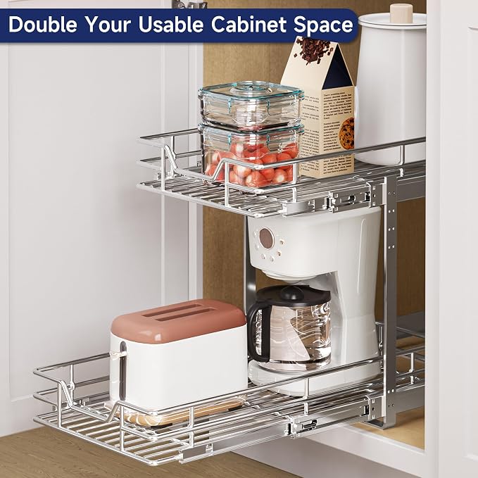 2-Tier Pull Out Cabinet Organizer, 12.5" W x 21.5" D, Heavy Duty Dual Slide Out Shelves for Narrow Base Cabinets, Chrome Wire Basket Drawer for Spices, Bottles & Snacks