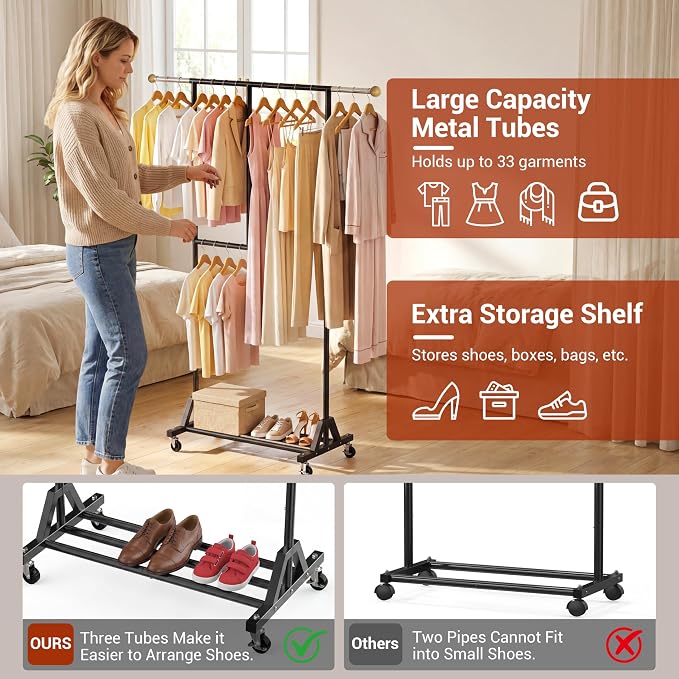 Rolling Clothing Rack with Bottom Storage Shelf & lockable Casters, Multi-tier Retractable Sturdy Garment Rack for Hanging Coats, Dresses - Ideal for Bedroom, Closet & Laundry Room ( Taller version )