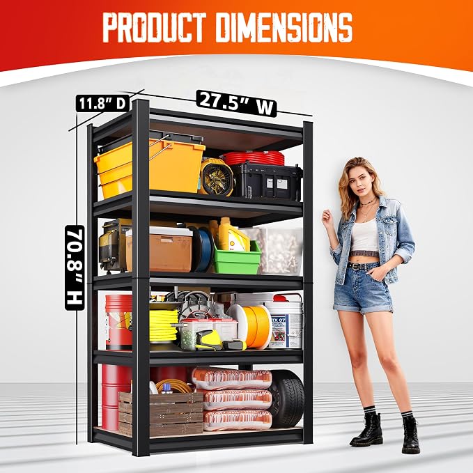 5-Tier Heavy Duty Metal Shelving Units, 71" H x 28" W x 12" D, Adjustable Steel Storage Racks for Garage, Warehouse, Industrial, and Home Organization, 1900 lbs Capacity, 5-Pack