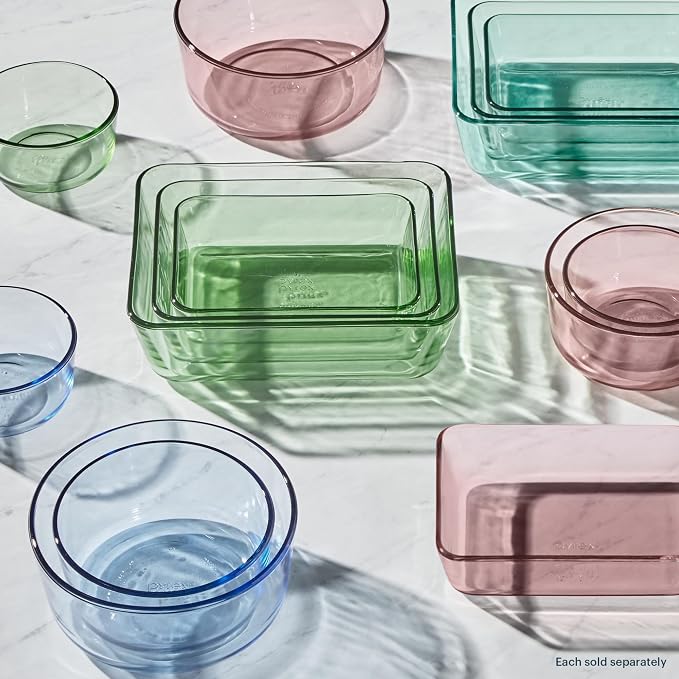 Pyrex Colors (3-Pack, Medium) Tinted Glass Round Food Storage Container Set, Snug Fit Non-Toxic Plastic BPA-Free Lids, Freezer Dishwasher Microwave Safe, 2 Cup, 4 Cup & 7 Cup