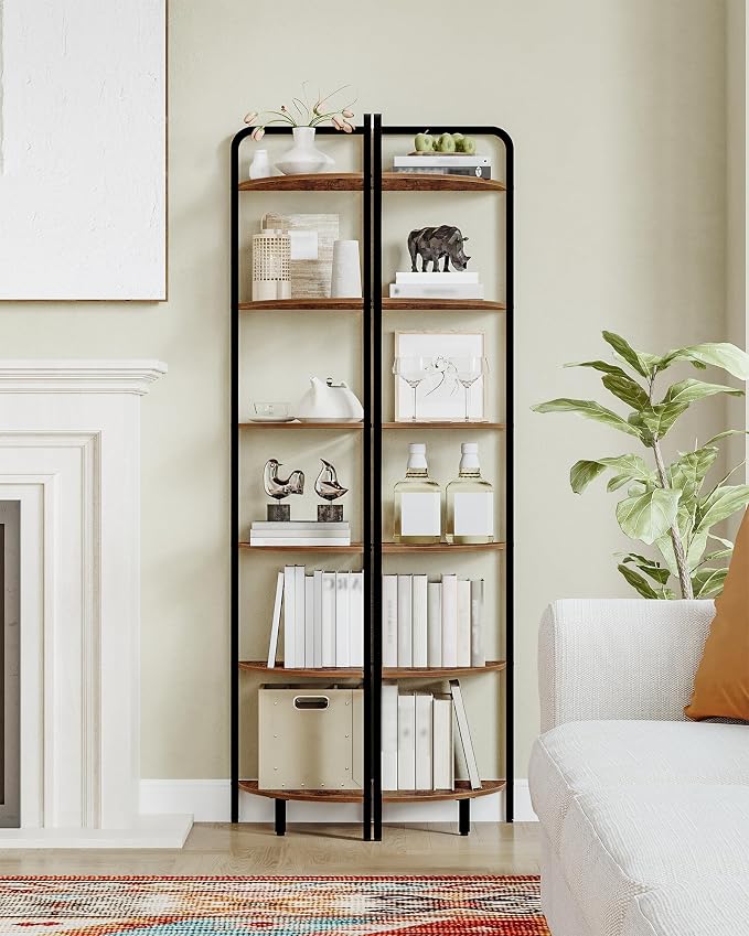Hzuaneri Corner Shelf Stand Corner Bookshelf Standing Shelf Plant Shelf | Corner Display Rack with Metal Frame for Living Room, Bathroom, Kitchen, Industrial Style, 6 Tier Rustic Brown CS06601B