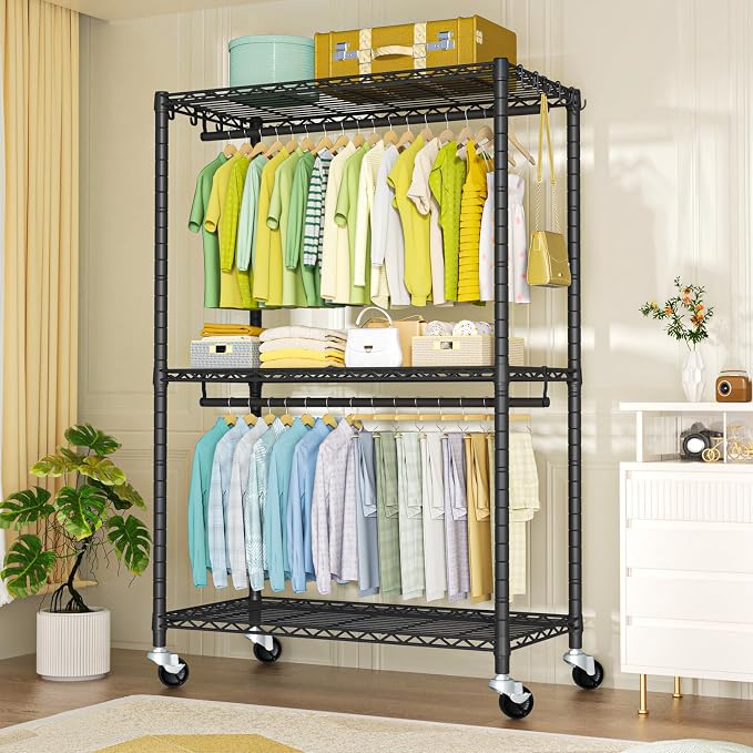 FUTASSI P3 Plus Rolling Clothes Rack, Clothing Racks for Hanging Clothes, Heavy Duty Garment Rack with Wheels, Freestanding Portable Closet Racks 45" W x 14" D x 78.5" H, Max Load 480 LBS, Black