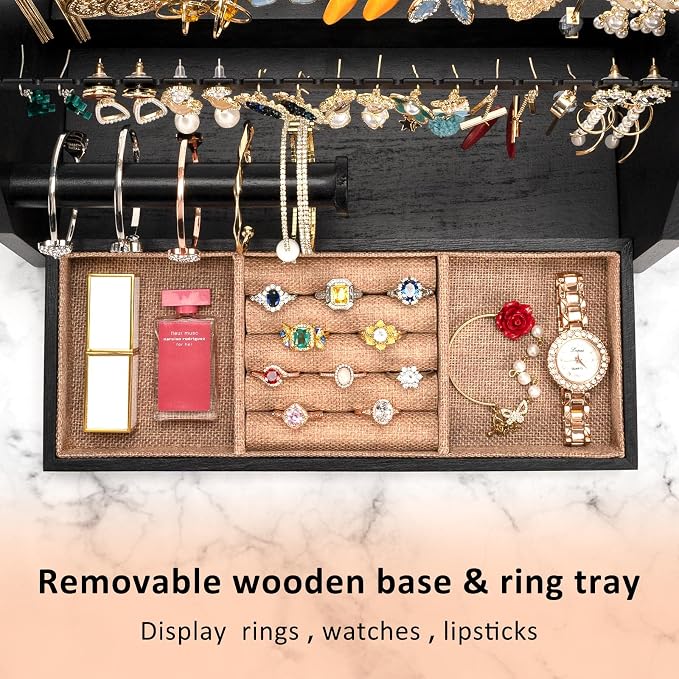 DGWJSU Earring Organizer, 5 Layer Earring Holder Organizer with Necklace Holder, Rustic Wood Jewelry Organizer Stand Display for Stud Earring Bracelet Necklace Ring, Watches