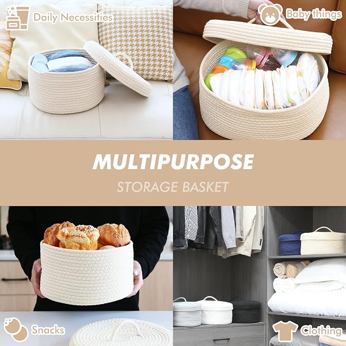 Sea Team Round Cotton Rope Storage Basket with Lid, Lidded Woven Storage Bin, Nursery Storage Container, Diaper Caddy, Baby Shower Basket, Box, Organizer, 11.8 x 11.8 x 6.7 Inches (Medium, Cream)