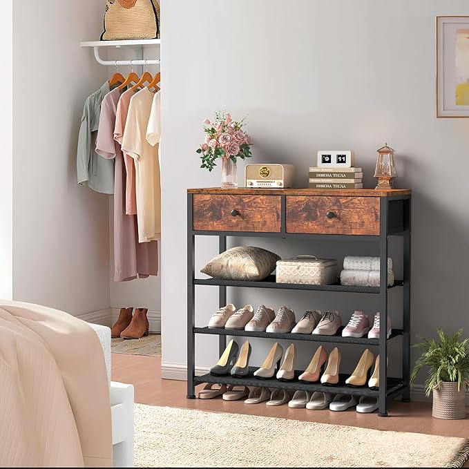 usikey Shoe Rack, 4 Tier Shoe Storage Organizer with 2 Drawers, Metal Shoe Shelf for 9-12 Pairs of Shoes, with 3 Oxford Fabric Shelves and Wooden Top, Shoe Stand for Entryway, Closet, Rustic Brown
