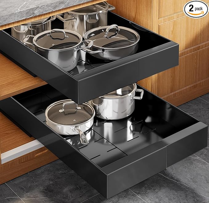 Seinloes 2 Pack Expandable (9"-14") Pull Out Cabinet Organizer 21" Deep With Raising Pad for Framed Cabinets,Upgrade 3 Slide Rails Slide Out Drawers,No Drill Roll Out Shelves Adhesive,Black