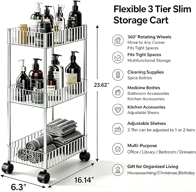 Sooyee Slim Clear 3-Tier Plastic Rolling Utility Cart with Wheels | Multi-Functional Storage Trolley, For Office, Living Room, Kitchen, Movable Storage Organizer