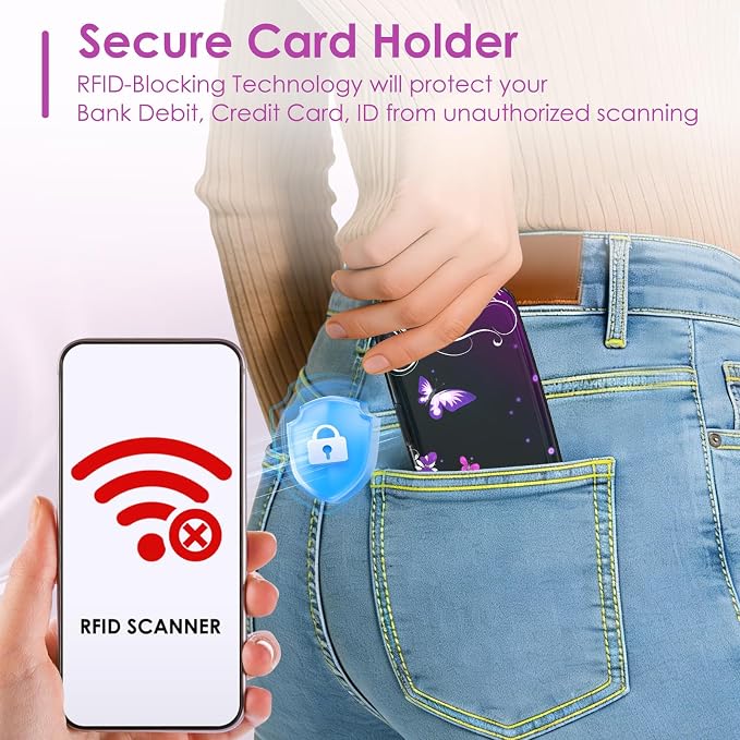 Credit Card Holder Mini, Purple Butterfly RFID Blocking Aluminum Wallet Slim Metal Hard Case Travel Wallet ID Case for Women Men