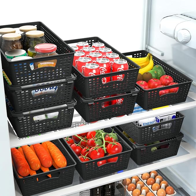Simple Houseware Stackable Plastic Woven Basket Organizer, 6 Pack, Black | 14.5" D x 8.5" W x 3.5" H